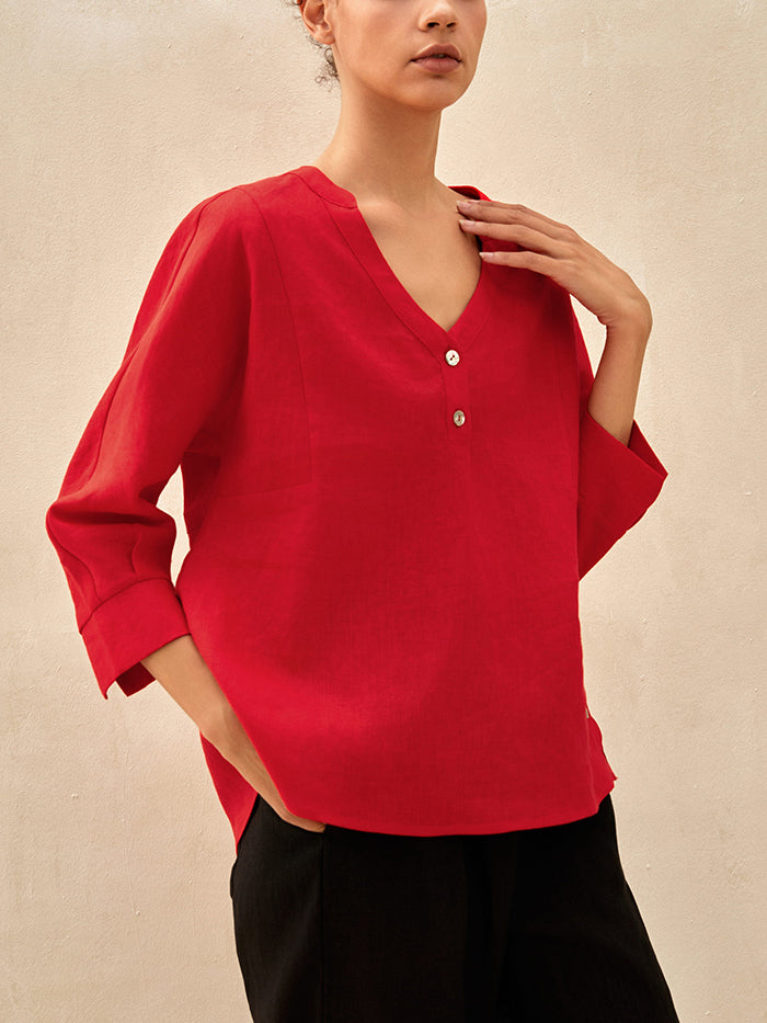 ELARA 100 LINEN VNECK LONGSLEEVED SHIRT LINTICO